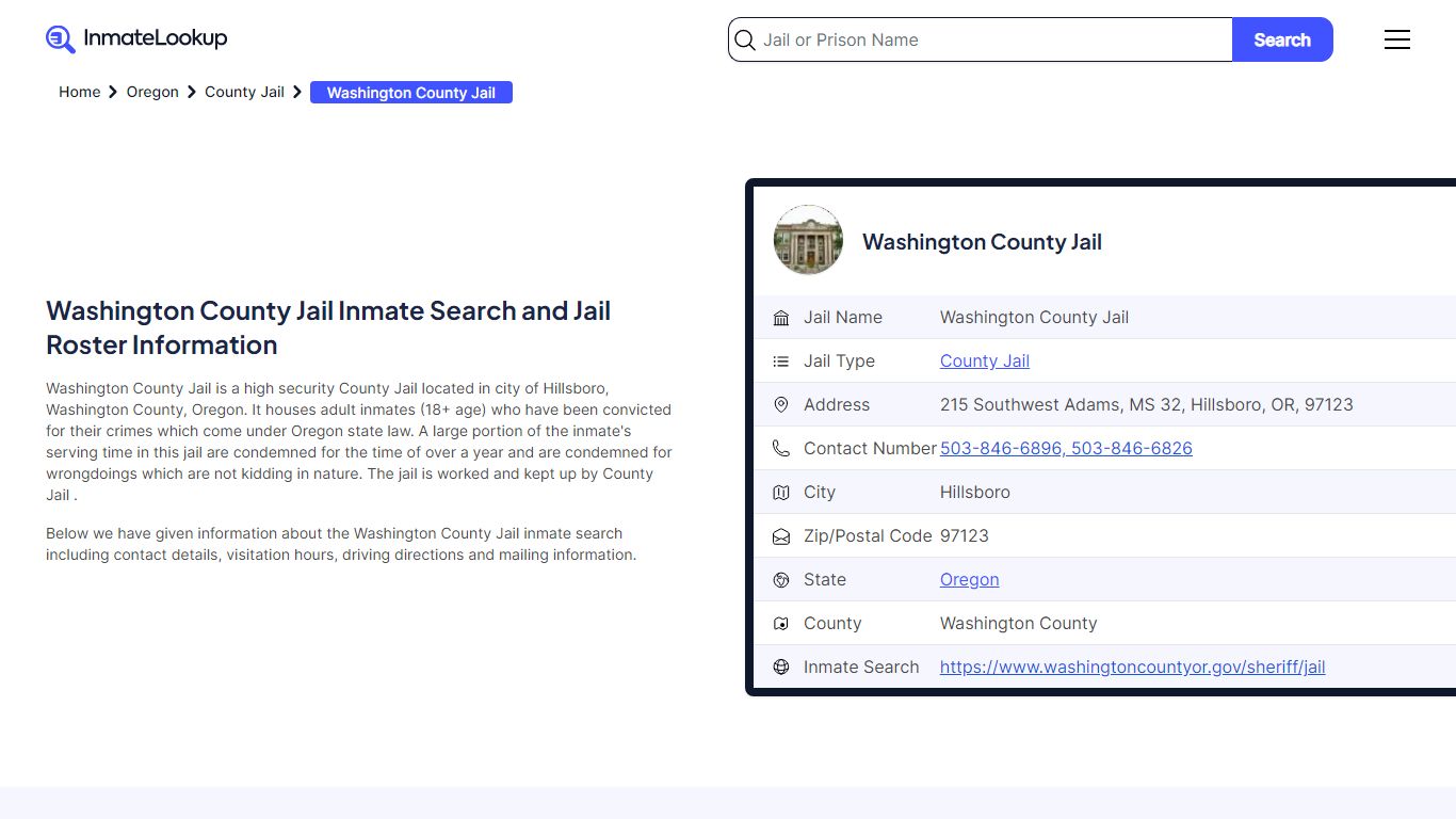 Washington County Jail Inmate Search - Hillsboro Oregon - Inmate Lookup